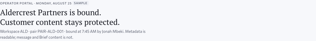 The internal support portal, the head: the sample organisation is bound and customer content stays protected — metadata is readable, message and Brief content is not — with the acts Find records, Operational health, and Unbind. Approved design, sample data.