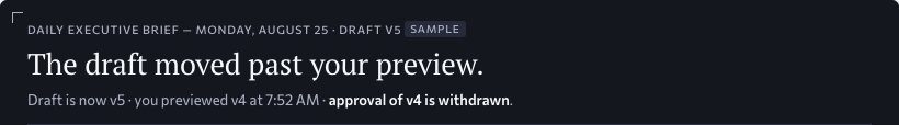 Brief Builder plate, draft v5: the draft moved past your preview; approval of v4 is withdrawn. Approved design, sample data.