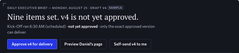 Brief Builder plate, draft v4: nine items set, v4 not yet approved, only the exact approved version can deliver; the single blue act is Approve v4 for delivery. Approved design, sample data.