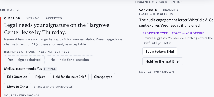 Brief Builder after approval, the Critical band: the same lease Question with Melissa recommends: Yes (sample); Move to Other is marked as withdrawing approval if used; the proposed candidate still waits for her act. Approved design, sample data.