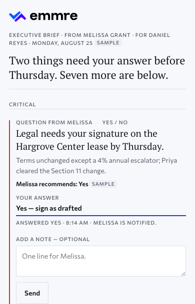 The Executive’s page after the answer: the record stands where the controls were — your answer, Yes, sign as drafted, under a solid blue rule, answered at the sample time and the EA is notified — with an optional note field. Approved design, sample data.
