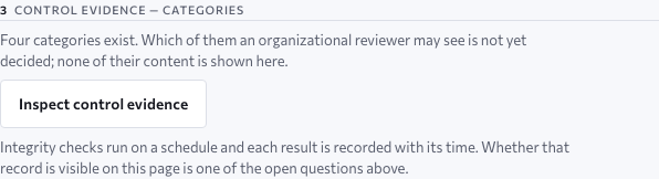 The organisational review page, section Control evidence — categories: four categories exist, which of them an organisational reviewer may see is not yet decided and none of their content is shown here; an ink act to inspect control evidence; integrity checks run on a schedule and each result is recorded with its time. Approved design, sample data.
