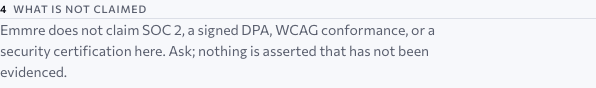 The organisational review page, section What is not claimed: ‘Emmre does not claim SOC 2, a signed DPA, WCAG conformance, or a security certification here.’ Ask; nothing is asserted that has not been evidenced. Approved design, sample data.