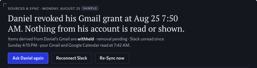 Sources & Sync after the Executive revokes his Gmail grant: nothing from his account is read or shown, items derived from it are withheld with removal pending, and the acts are Ask him again, Reconnect Slack, or Re-Sync now. Approved design, sample data.