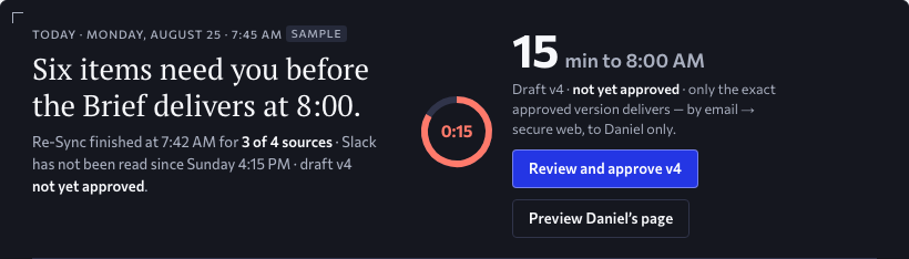 Today, the EA’s page — the plate on the sample Monday: one serif sentence about the day, the delivery clock, the note that one source is stale, and the single blue act Review and approve v4. Approved design, sample data.