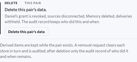 Your data — delete this pair’s data: the Executive’s grant is revoked, sources disconnected, Memory deleted, deliveries withheld, and the audit record keeps who did this and when; derived items are kept while the pair exists, a removal request clears each store in turn and is audited, and after deletion only the audit record remains. Approved design, sample data.