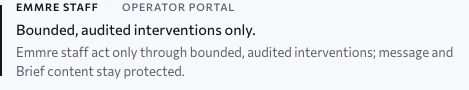 Who has access — Emmre staff: bounded, audited interventions only; staff act only through bounded, audited interventions and message and Brief content stay protected. Approved design, sample data.